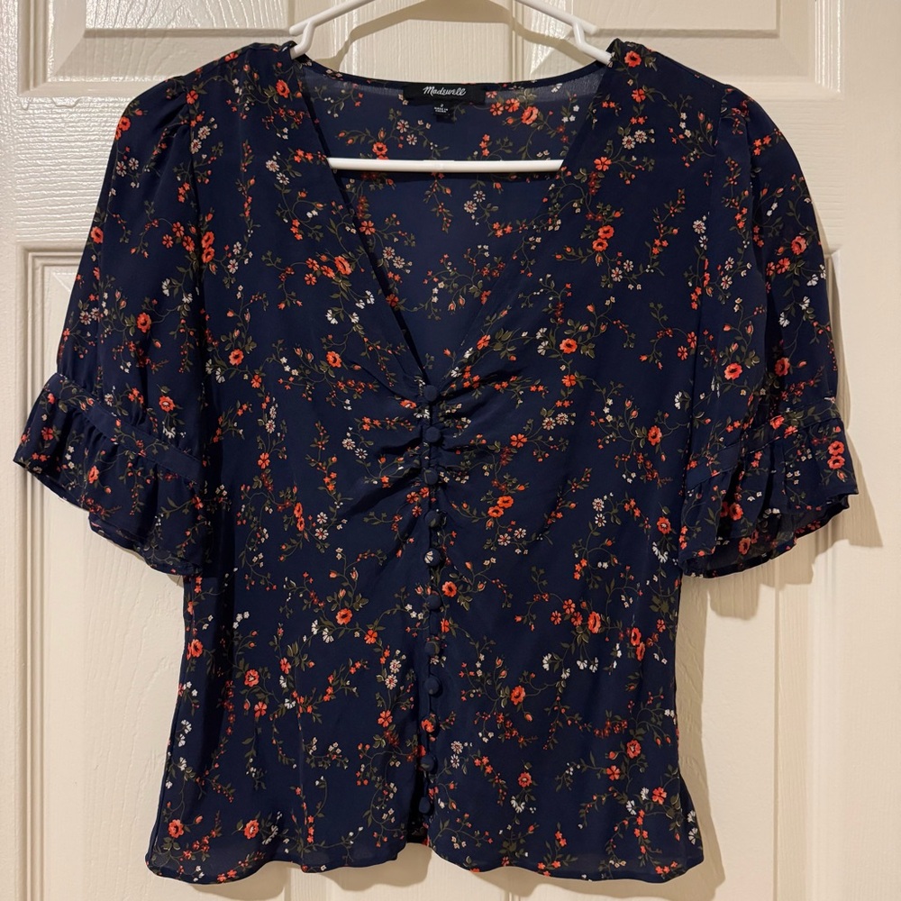 Navy floral 100% silk Madewell top